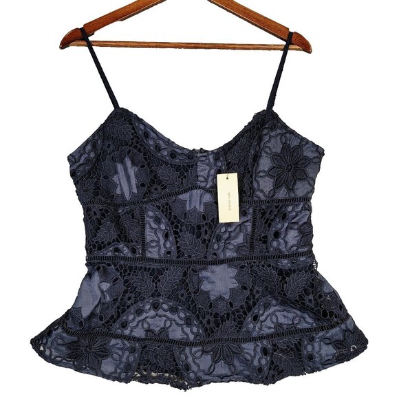 Skies Are Blue Tops - Skies Are Blue Cami Top Women's Medium Navy Blue Leaf Lace Sleeveless Peplum NWT
